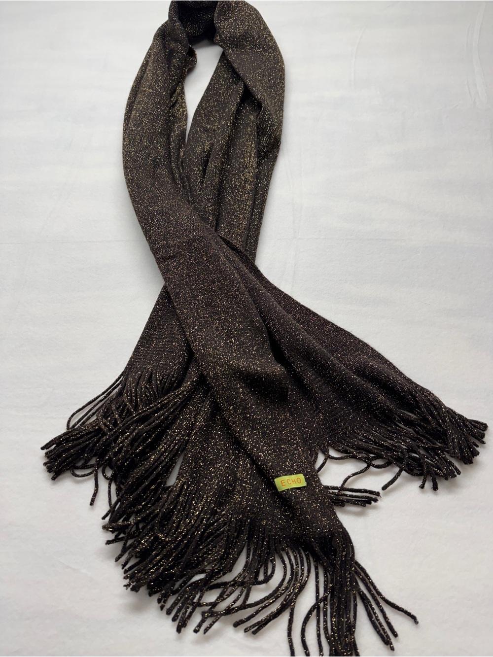 Echo Metallic Brown Fringe Scarf with Gold Lurex